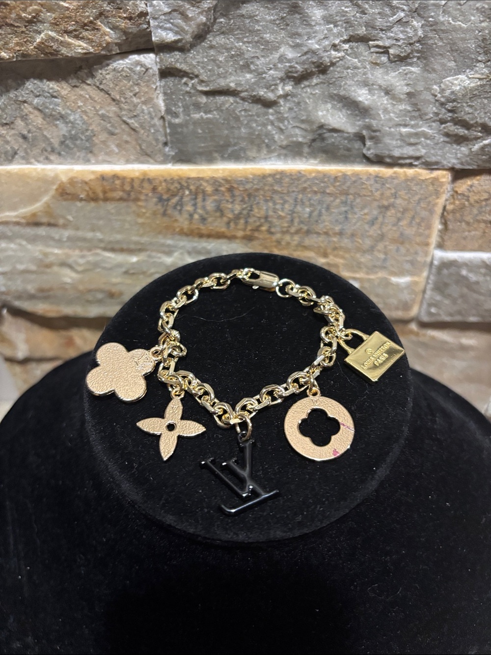 Gold Chain LV Charm Bracelet with White Enamel Accents - Picture 3 of 5